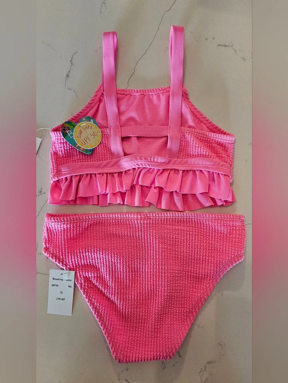 Breaking Waves Hot Pink Crinkle Textured 2-Piece Bikini Set UPF 50+ Girls Sz 12